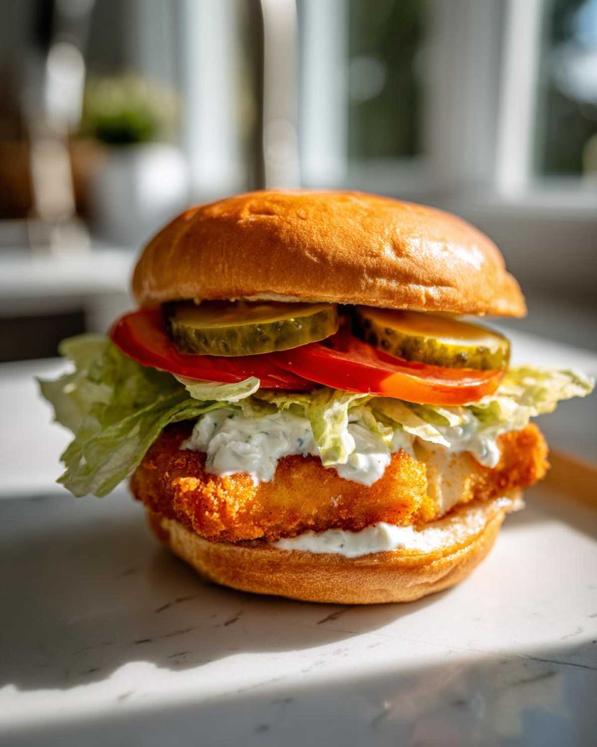 Close-up of an Air Fryer Crispy Fish Sandwich featuring a golden fried fillet, tartar sauce, lettuce, tomato, and pickles on a brioche bun.