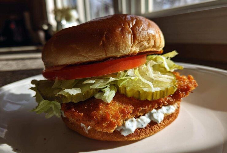 A close-up of an Air Fryer Crispy Fish Sandwich featuring a golden fillet, lettuce, pickles, tomato, and tartar sauce on a brioche bun.