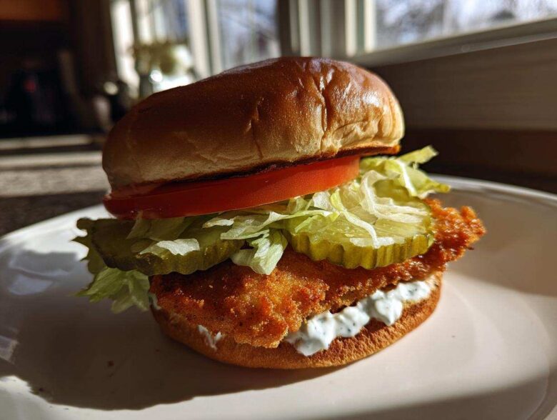 A close-up of an Air Fryer Crispy Fish Sandwich featuring a golden fillet, lettuce, pickles, tomato, and tartar sauce on a brioche bun.
