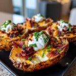 Close-up of several Air Fryer Crispy Potato Skins topped with melted cheese, bacon bits, sour cream, and fresh chives.