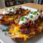 Two halves of Air Fryer Crispy Potato Skins loaded with melted cheese, bacon bits, sour cream, and chives.