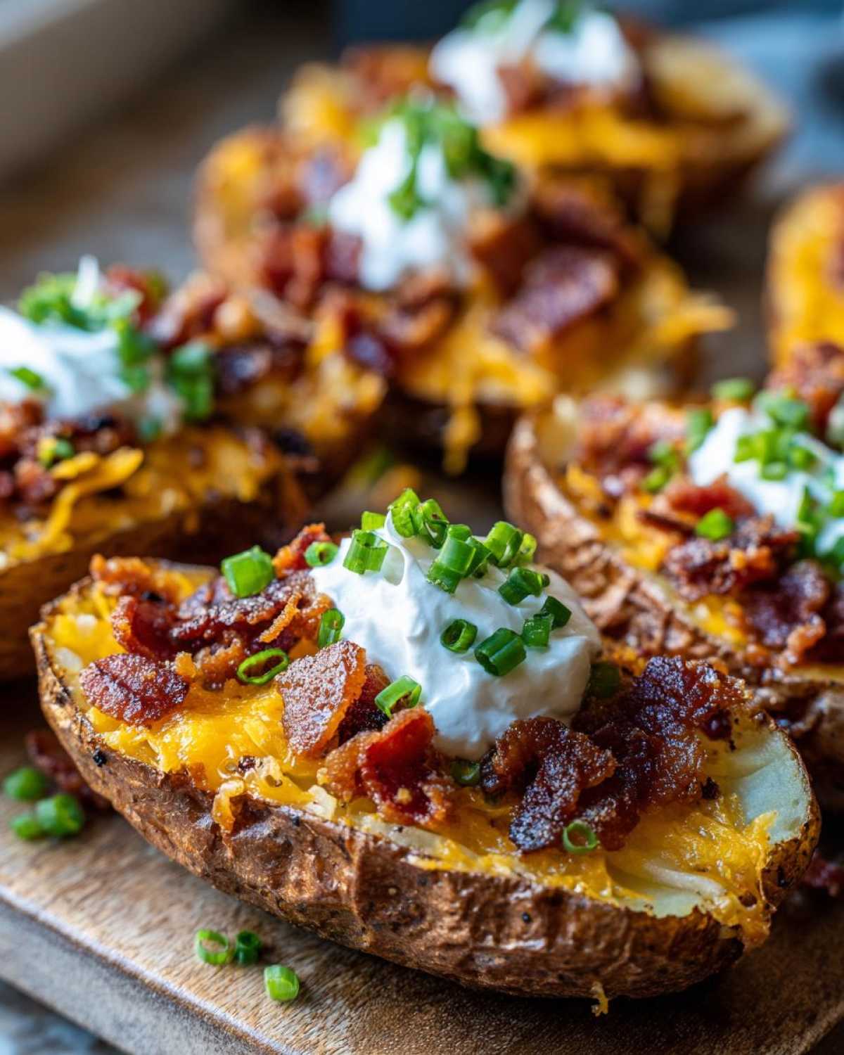 Close-up of Air Fryer Crispy Potato Skins topped with melted cheese, bacon bits, sour cream, and chives.