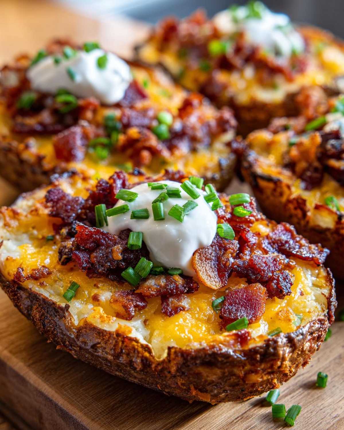 Close-up of Air Fryer Crispy Potato Skins topped with melted cheese, bacon bits, sour cream, and chives.