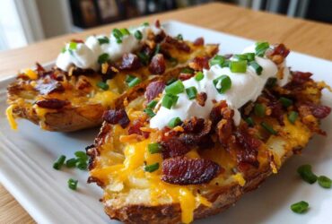 Two halves of Air Fryer Crispy Potato Skins loaded with melted cheese, bacon bits, sour cream, and chives.