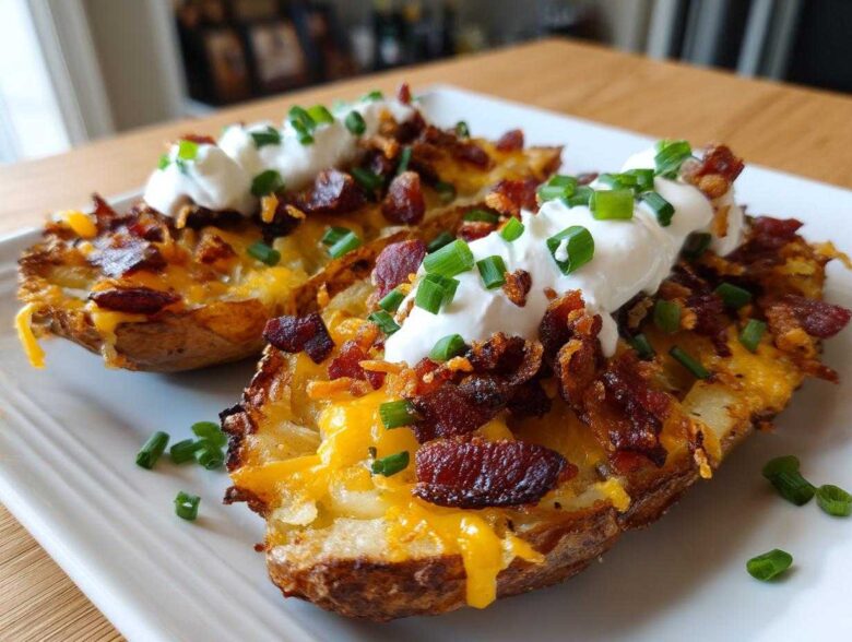 Two halves of Air Fryer Crispy Potato Skins loaded with melted cheese, bacon bits, sour cream, and chives.