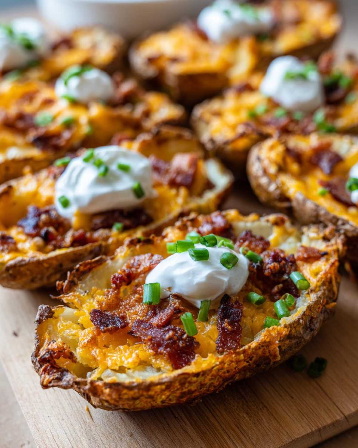 Close-up of several Air Fryer Crispy Potato Skins loaded with melted cheese, bacon bits, sour cream, and chives.