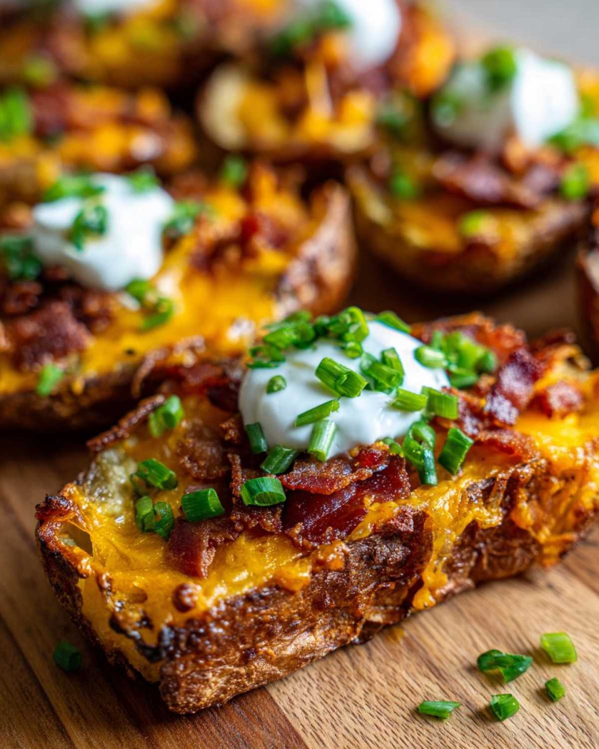Close-up of Air Fryer Crispy Potato Skins topped with melted cheddar, bacon bits, sour cream, and chives.