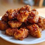 A pile of golden brown Air Fryer Crispy Tofu with Sweet Chili Glaze, sprinkled with sesame seeds, on a white plate.