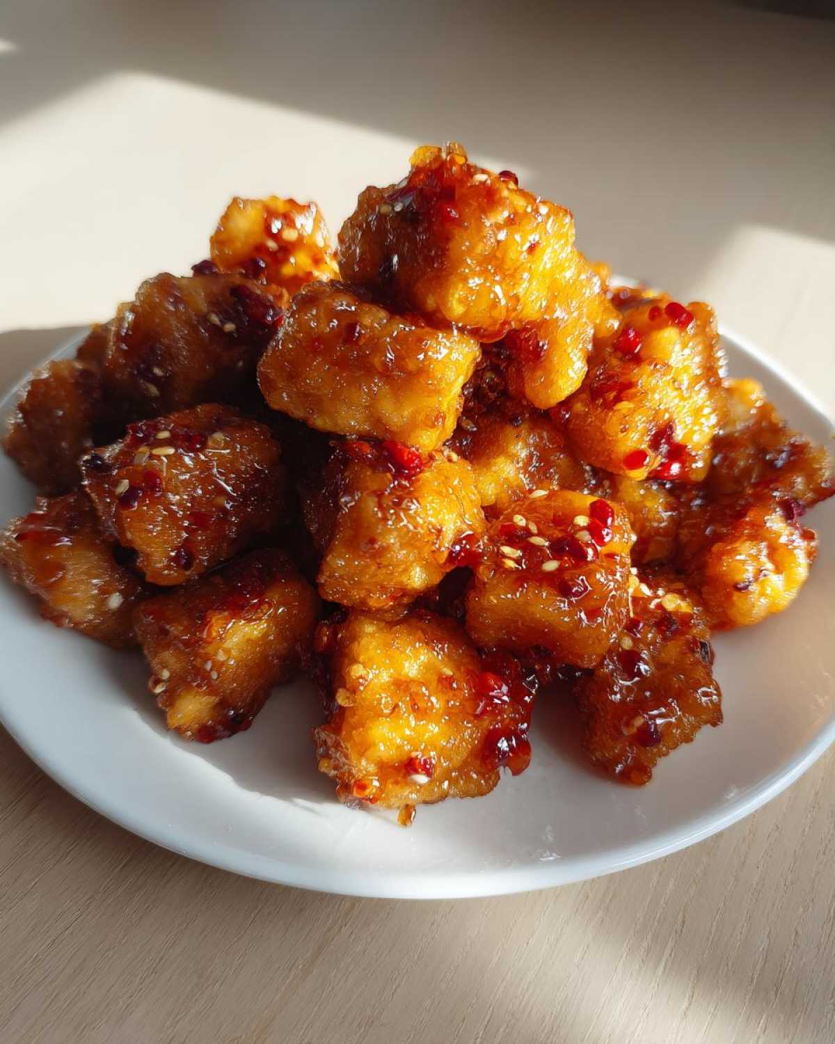 A pile of golden brown Air Fryer Crispy Tofu coated in a glistening sweet chili glaze on a white plate.