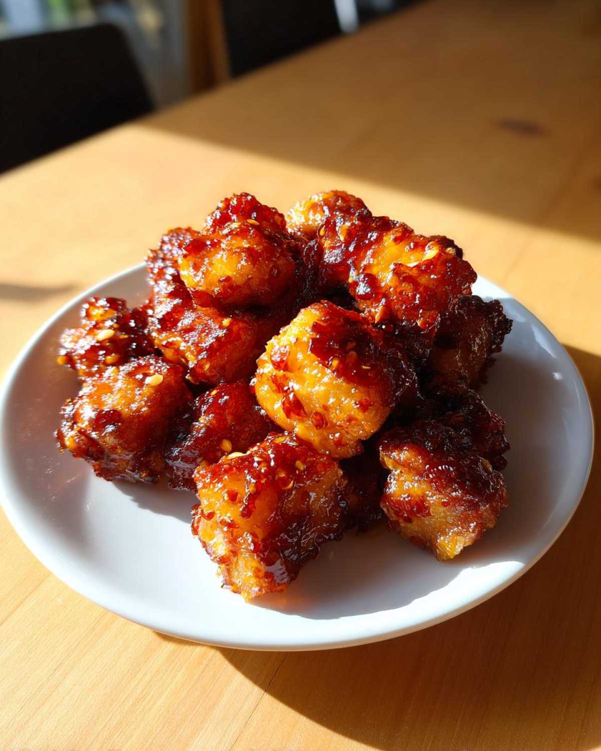 A pile of golden Air Fryer Crispy Tofu coated in a glistening, spicy sweet chili glaze on a white plate.
