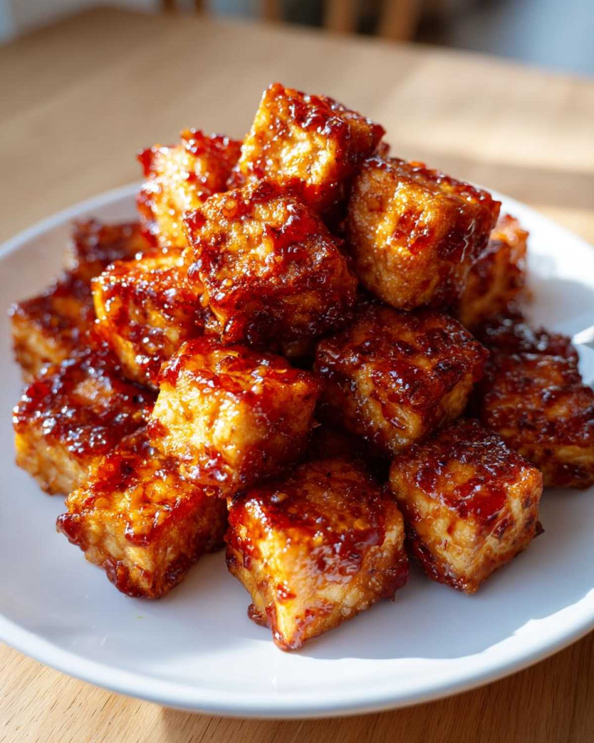 A pile of golden brown, crispy tofu cubes coated in a shiny sweet chili glaze.