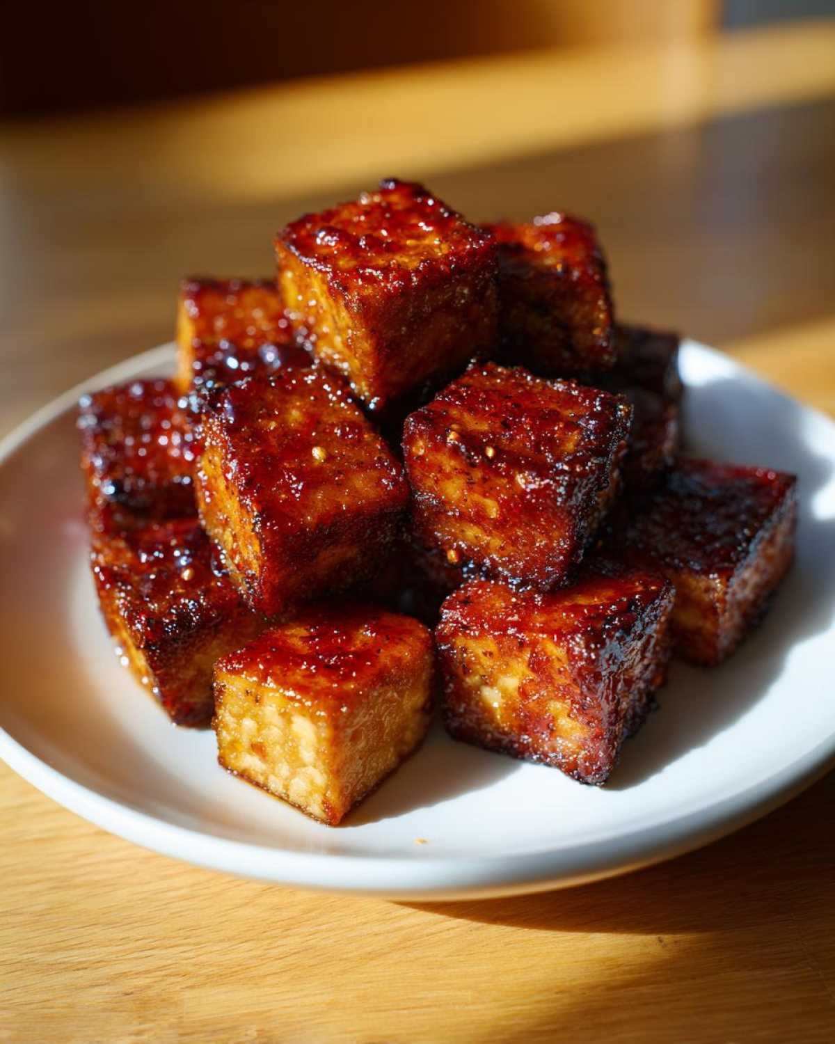 A stack of perfectly cubed Air Fryer Crispy Tofu coated in a glossy, dark sweet chili glaze on a white plate.