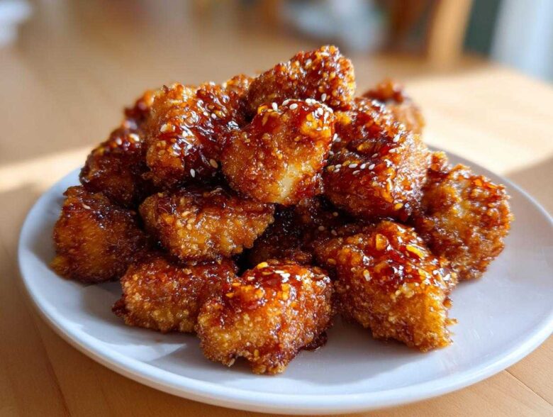 A pile of golden brown Air Fryer Crispy Tofu with Sweet Chili Glaze, sprinkled with sesame seeds, on a white plate.