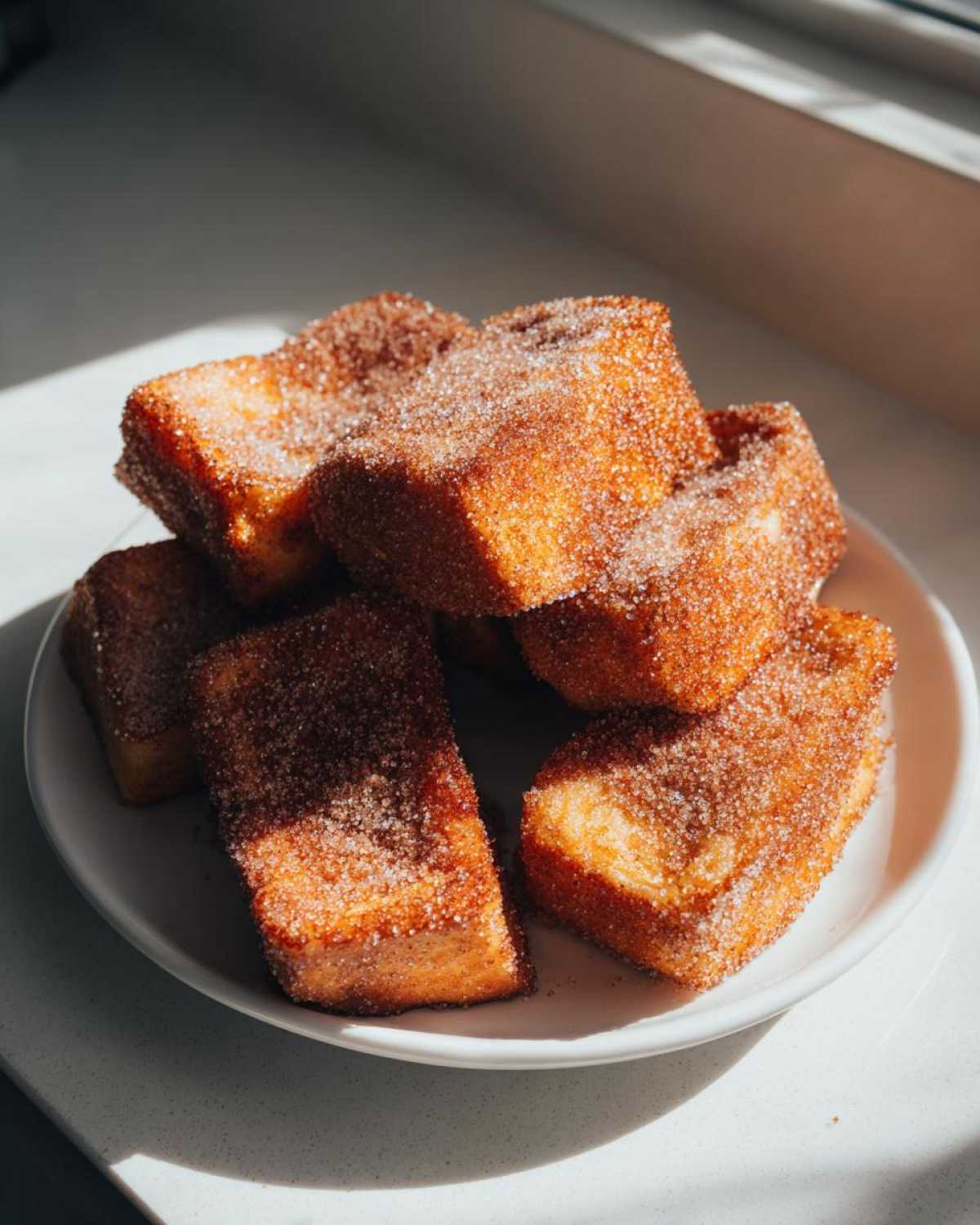 A stack of golden Air Fryer French Toast Sticks generously coated in cinnamon sugar, resting on a white plate.