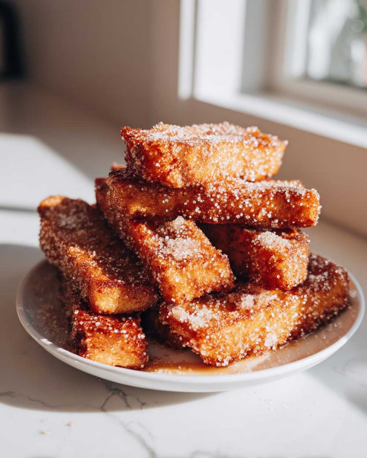 A stack of golden brown Air Fryer French Toast Sticks heavily coated in cinnamon sugar on a white plate.