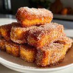 A stack of golden brown Air Fryer French Toast Sticks heavily coated in sparkling cinnamon sugar on a white plate.