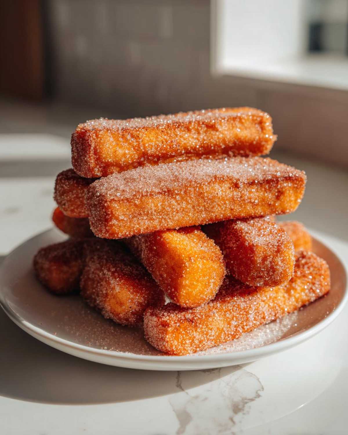 A stack of golden brown Air Fryer French Toast Sticks generously coated in cinnamon sugar on a white plate.