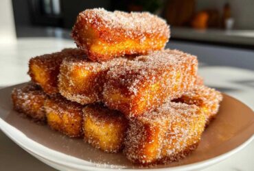 A stack of golden brown Air Fryer French Toast Sticks heavily coated in sparkling cinnamon sugar on a white plate.