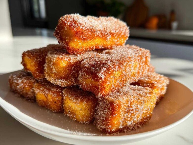 A stack of golden brown Air Fryer French Toast Sticks heavily coated in sparkling cinnamon sugar on a white plate.