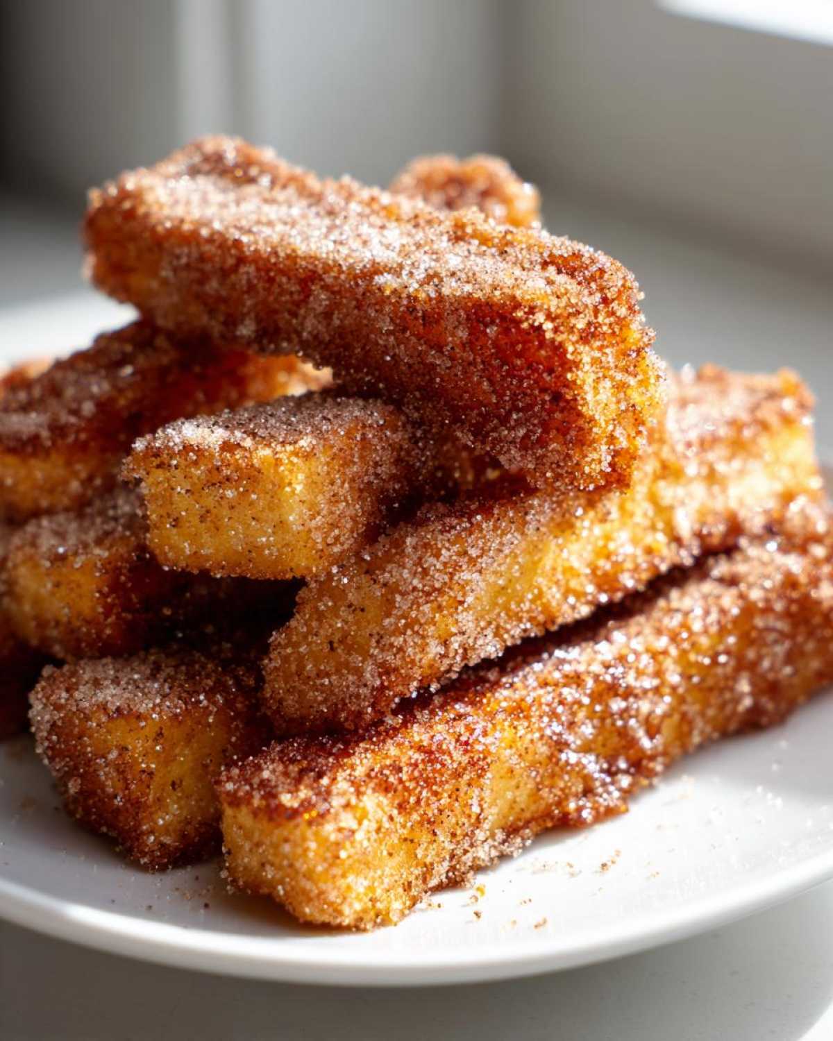 Close-up of a stack of golden Air Fryer French Toast Sticks coated heavily in sparkling cinnamon sugar.