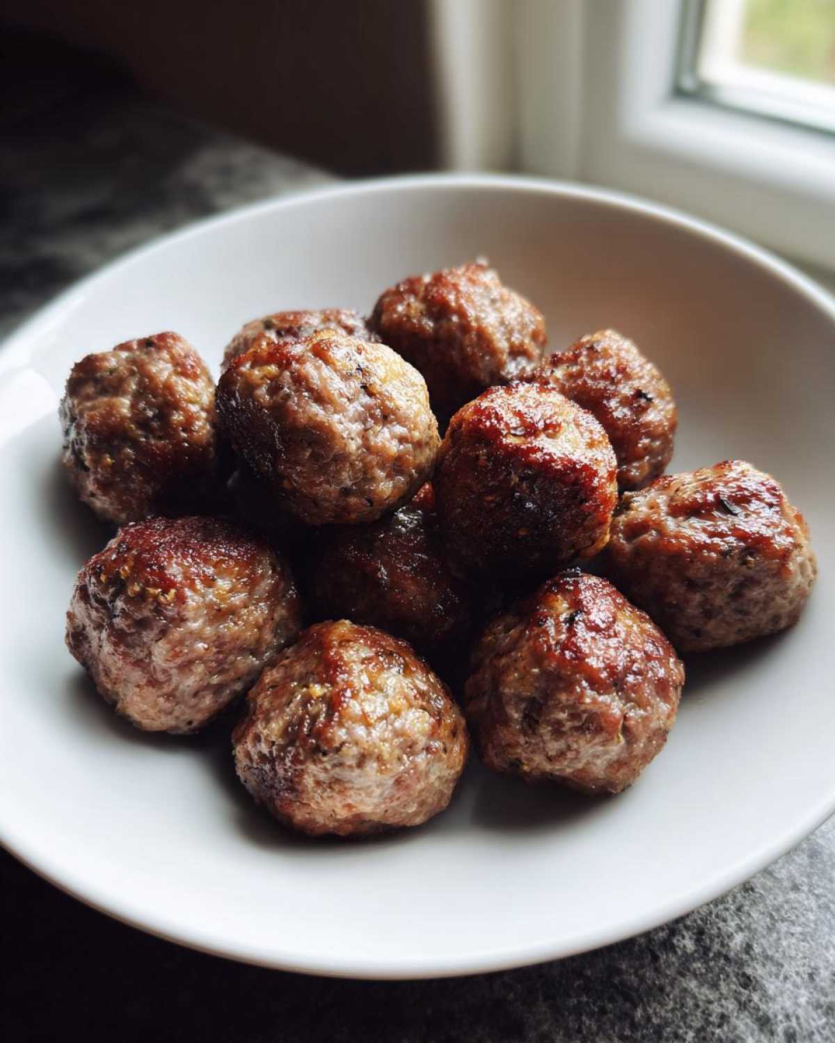 A white bowl filled with golden-brown, juicy Air Fryer Italian Meatballs resting on a dark countertop.