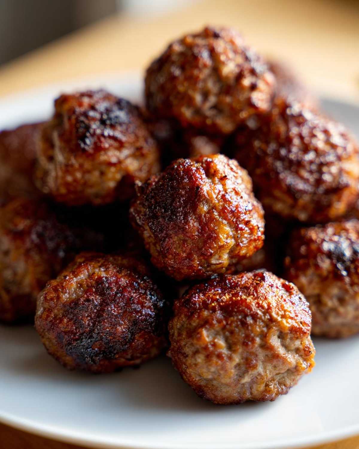 Close-up of several browned Air Fryer Italian Meatballs piled on a white plate.