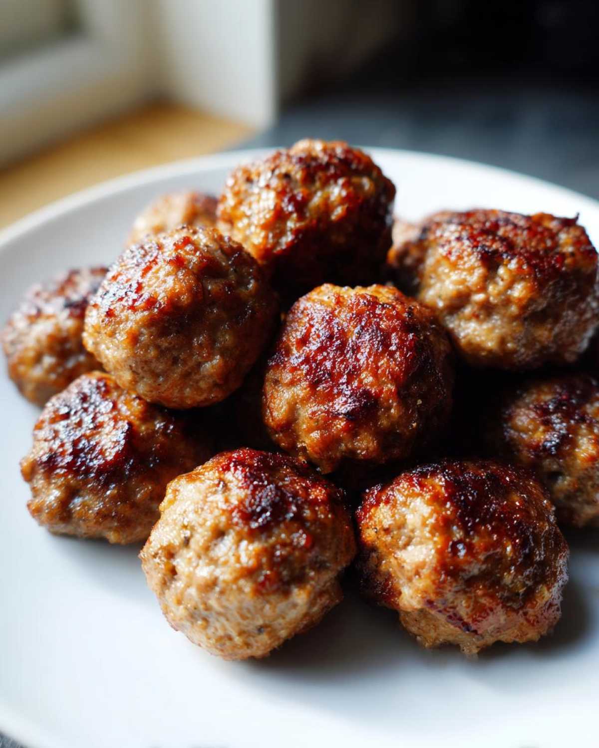 A close-up of several browned Air Fryer Italian Meatballs stacked on a white plate.