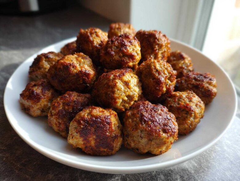 A white plate piled high with freshly cooked, browned Air Fryer Italian Meatballs.