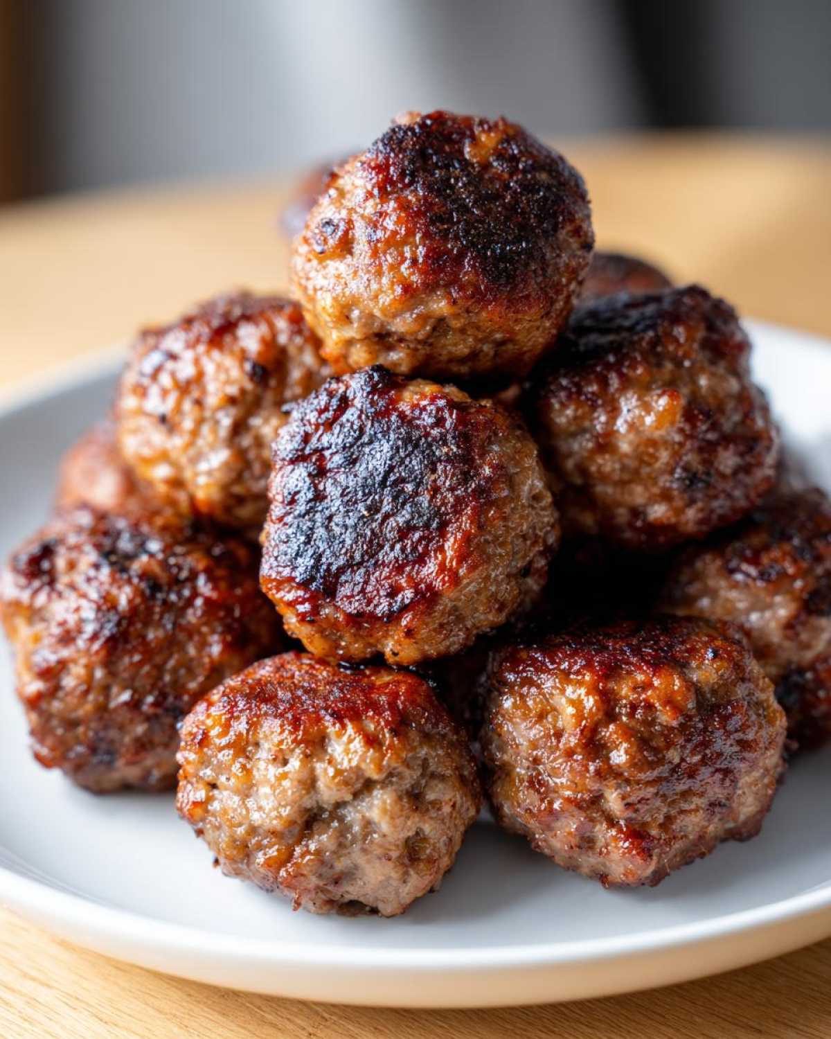 A close-up stack of juicy, browned Air Fryer Italian Meatballs piled high on a white plate.