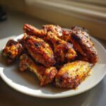 A pile of perfectly cooked, crispy Air Fryer Lemon Pepper Wings seasoned with black pepper on a white plate.