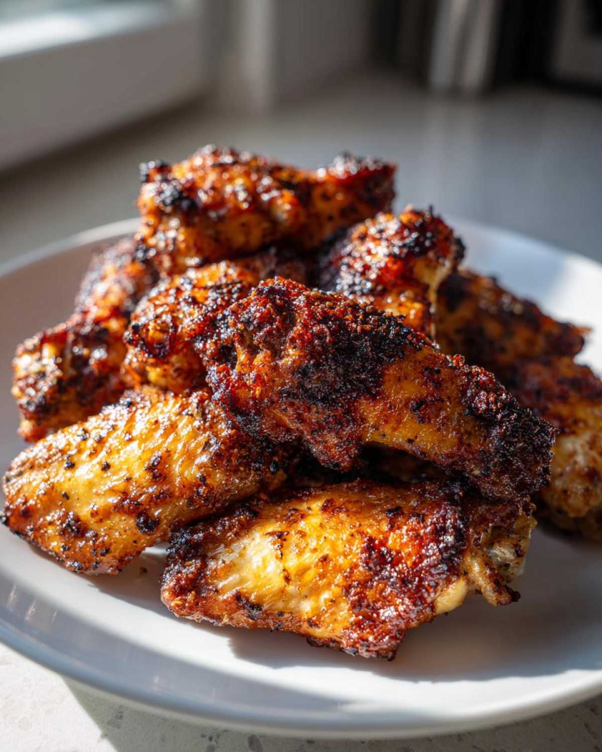 A pile of crispy, well-seasoned Air Fryer Lemon Pepper Wings stacked on a white plate, catching bright sunlight.