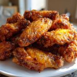 A mound of crispy, glazed Air Fryer Lemon Pepper Wings piled high on a white plate.