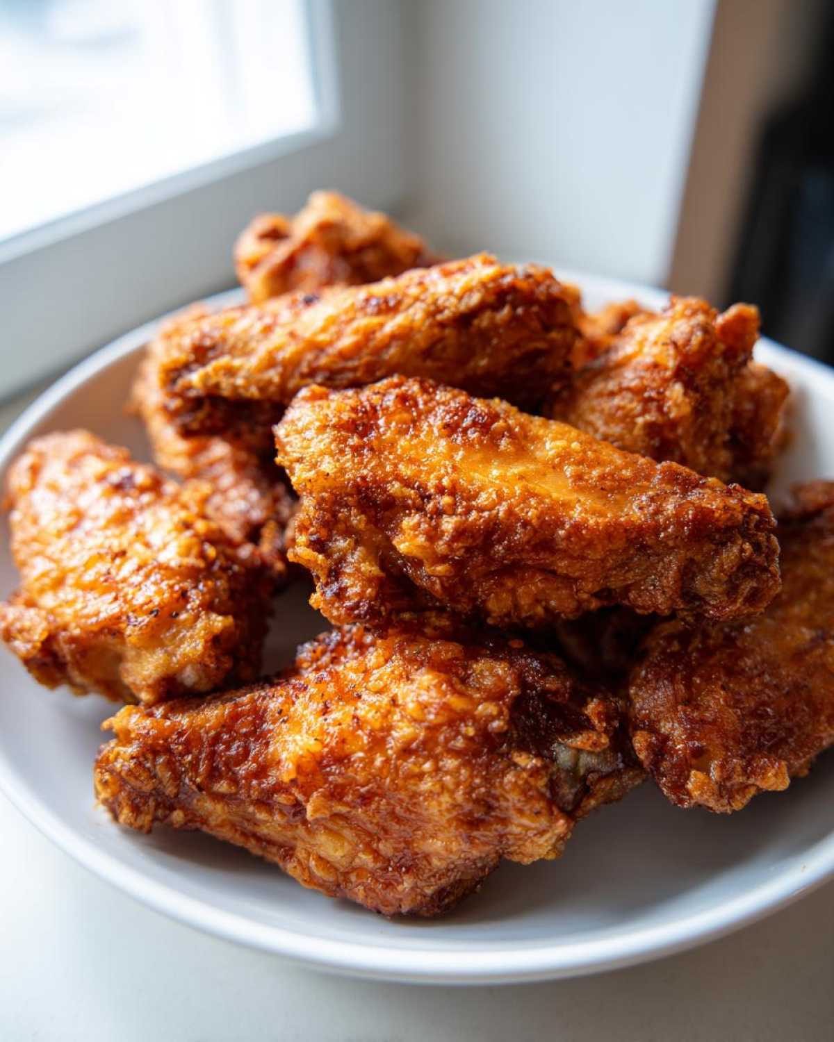 A close-up of a pile of crispy, golden brown Air Fryer Lemon Pepper Wings served in a white bowl.