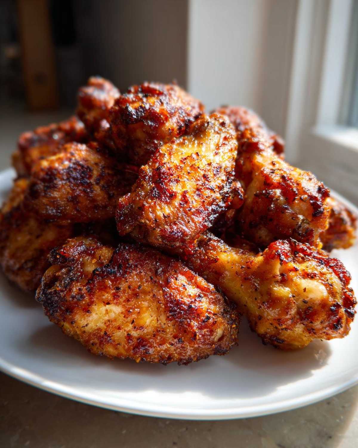 A close-up pile of crispy, seasoned Air Fryer Lemon Pepper Wings resting on a white plate near a window.