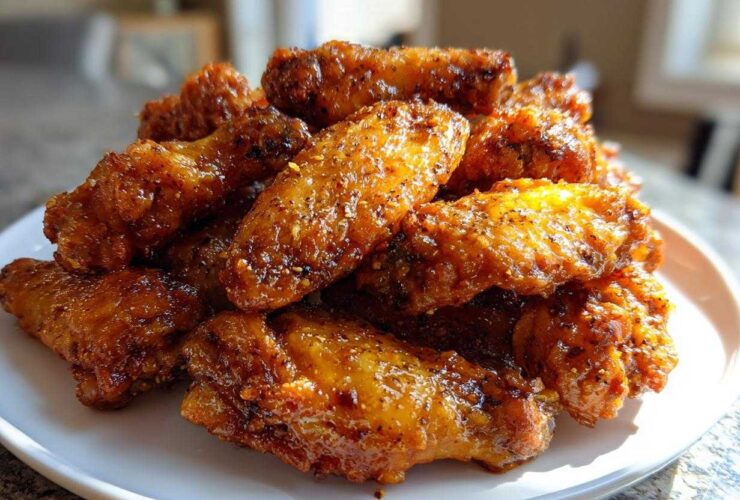 A mound of crispy, glazed Air Fryer Lemon Pepper Wings piled high on a white plate.