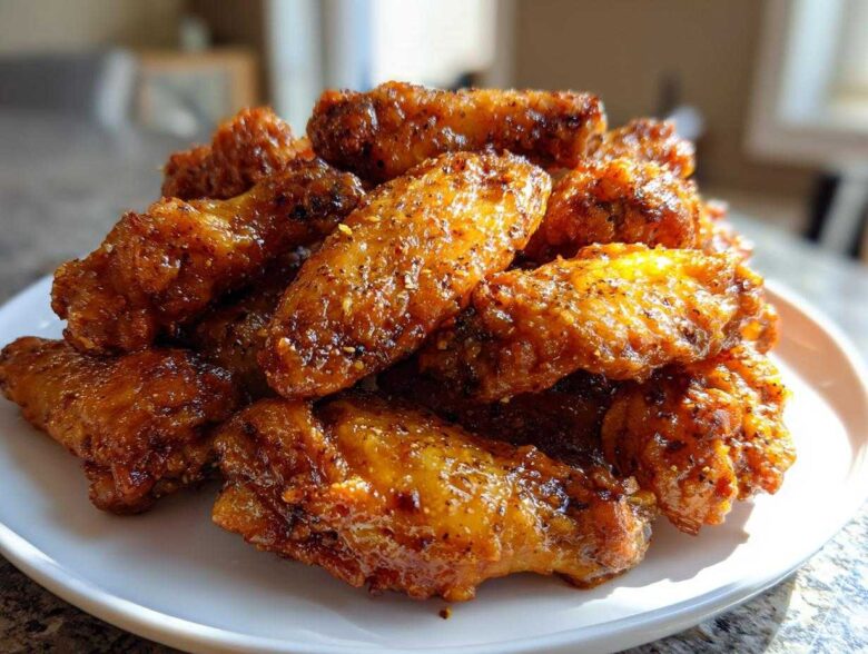 A mound of crispy, glazed Air Fryer Lemon Pepper Wings piled high on a white plate.