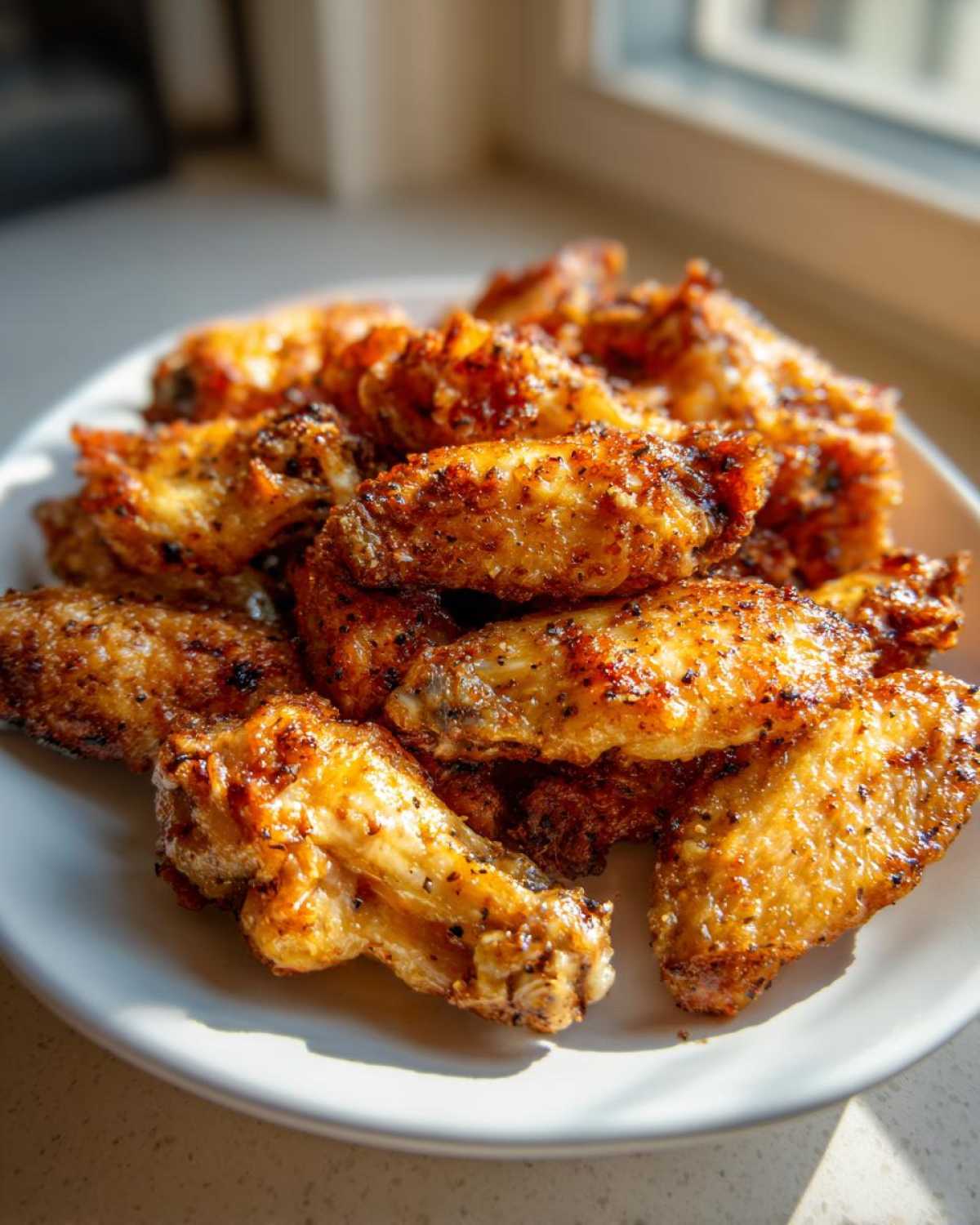 A plate piled high with crispy, golden brown Air Fryer Lemon Pepper Wings seasoned with visible black pepper.
