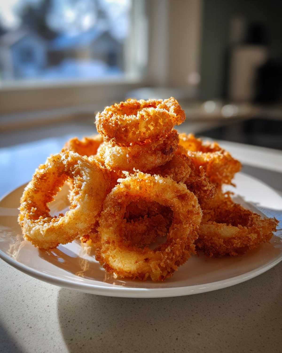 A close-up pile of golden, crispy Air Fryer Onion Rings stacked high on a white plate.