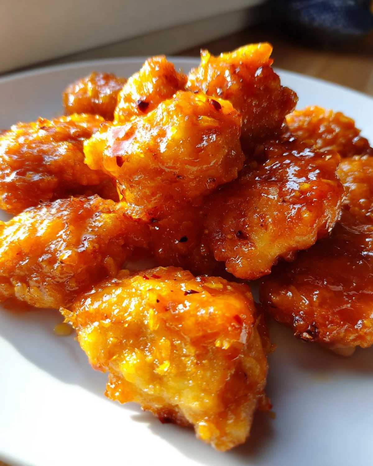 Close-up of crispy pieces of Air Fryer Orange Chicken coated in a thick, glossy orange sauce with visible chili flakes.