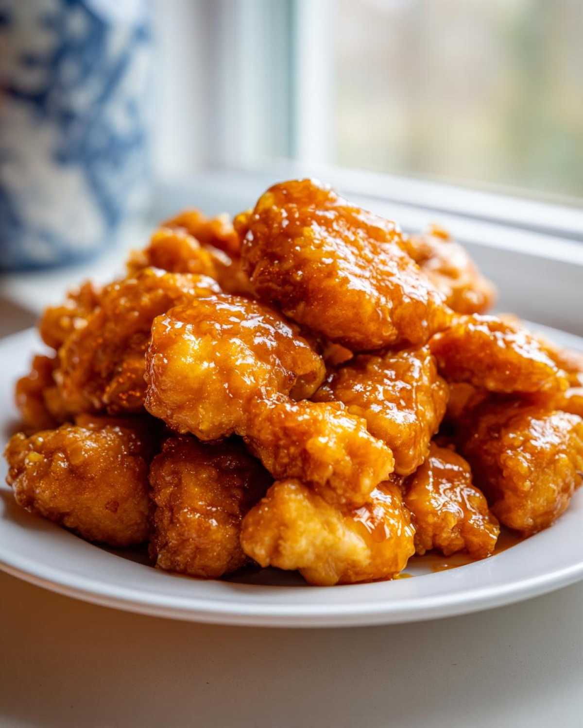A plate piled high with crispy, glazed pieces of Air Fryer Orange Chicken, glistening under natural light.