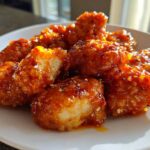 Close-up of sticky, glazed Air Fryer Orange Chicken pieces sprinkled with sesame seeds on a white plate.