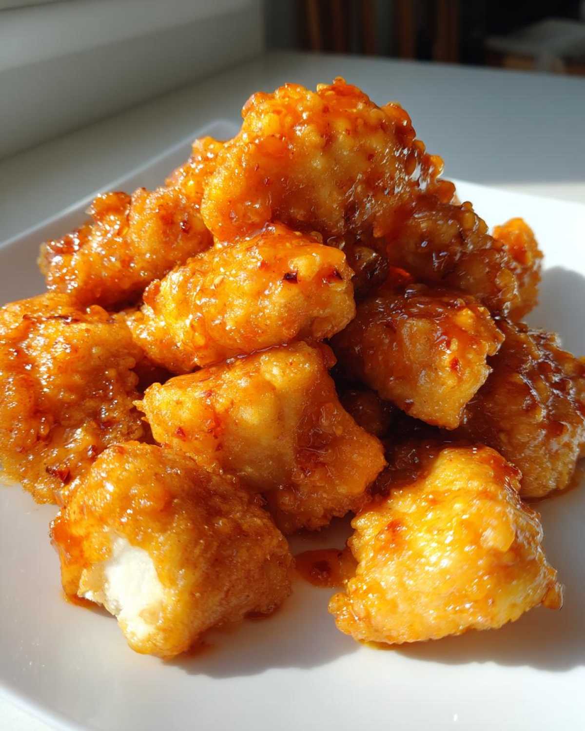 Close-up of crispy, glazed pieces of Air Fryer Orange Chicken piled on a white plate.