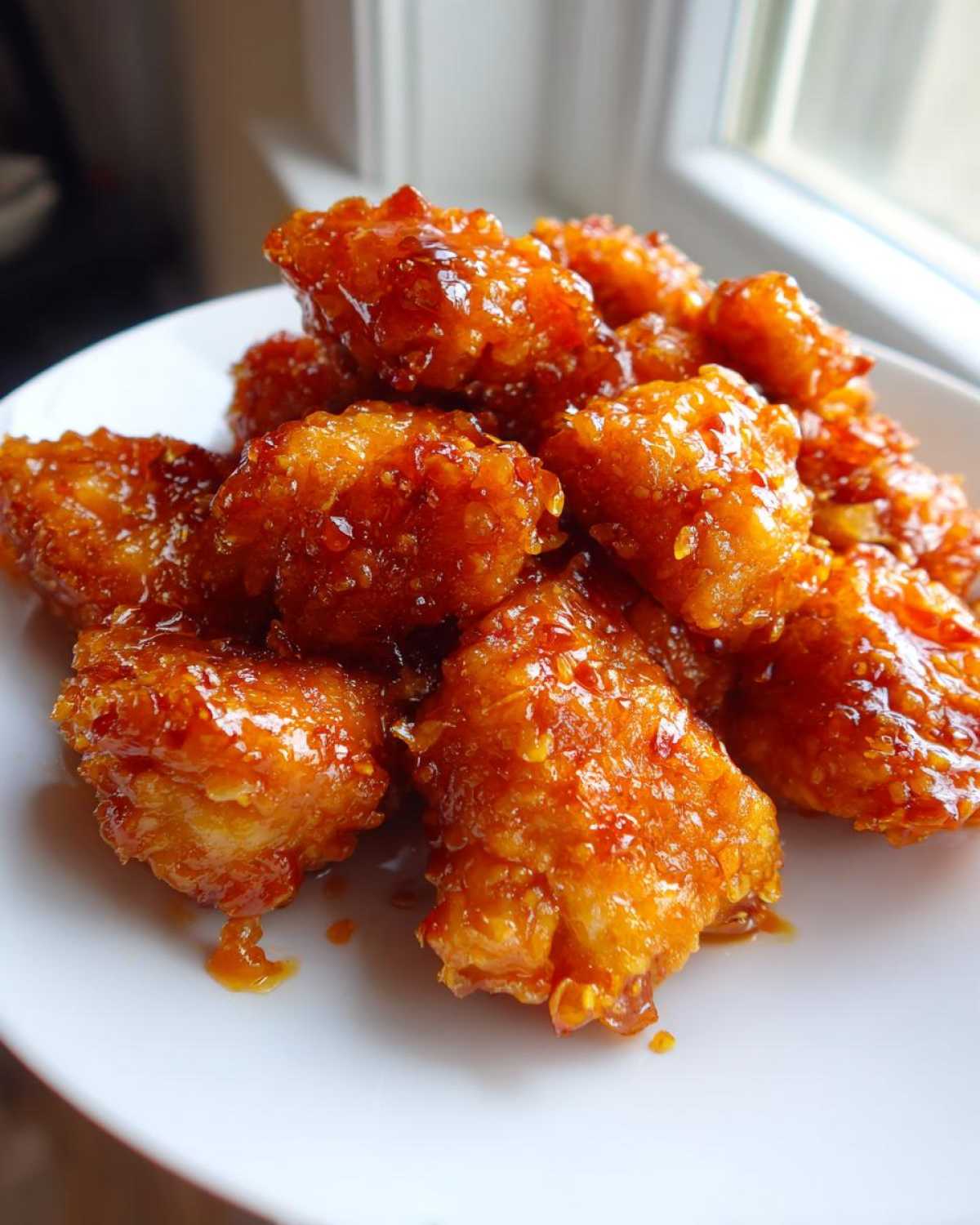 A pile of crispy, glazed pieces of Air Fryer Orange Chicken on a white plate.
