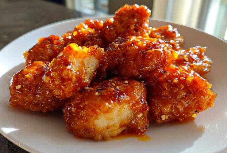 Close-up of sticky, glazed Air Fryer Orange Chicken pieces sprinkled with sesame seeds on a white plate.