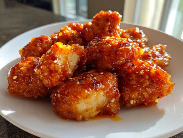 Close-up of sticky, glazed Air Fryer Orange Chicken pieces sprinkled with sesame seeds on a white plate.