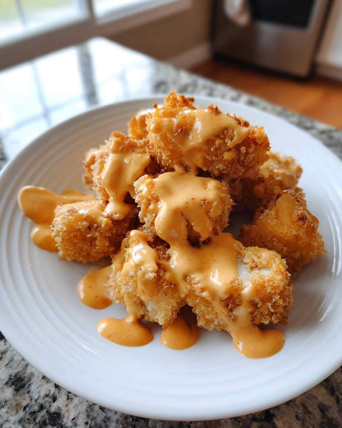 A pile of crispy Air Fryer Salmon Bites drizzled generously with creamy orange Bang Bang Sauce on a white plate.