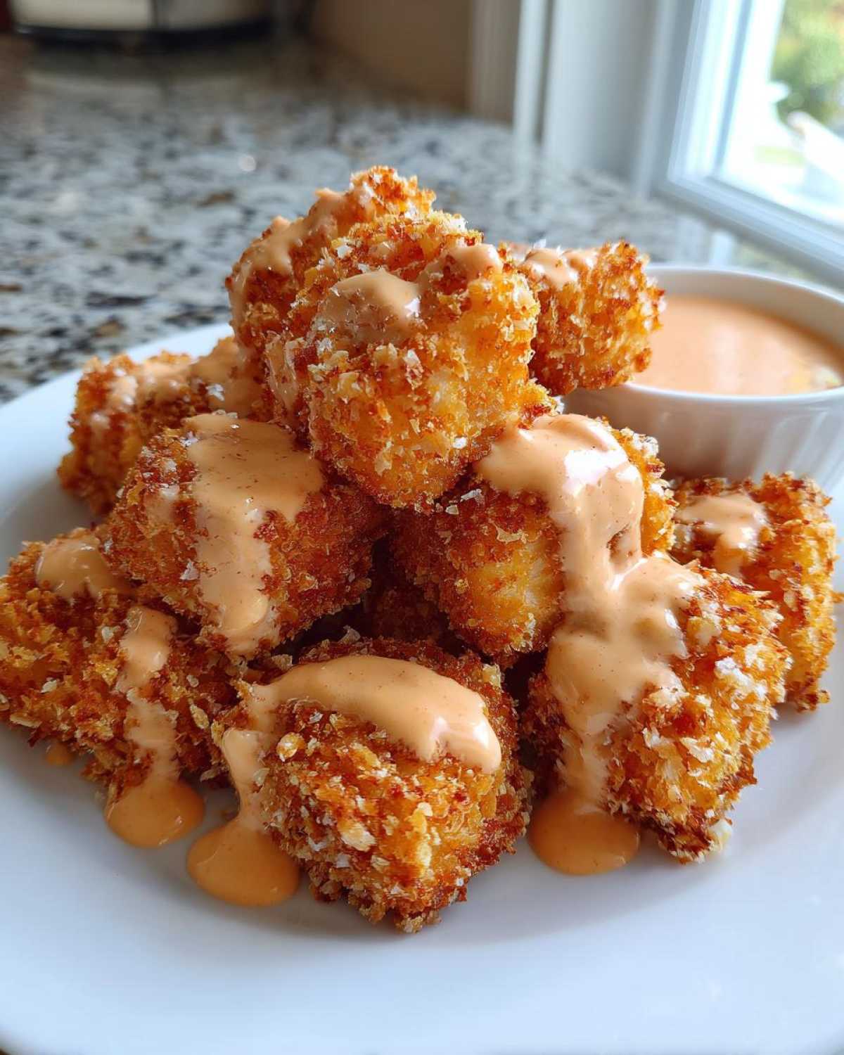 A pile of crispy, golden Air Fryer Salmon Bites drizzled with creamy Bang Bang Sauce, served on a white plate.