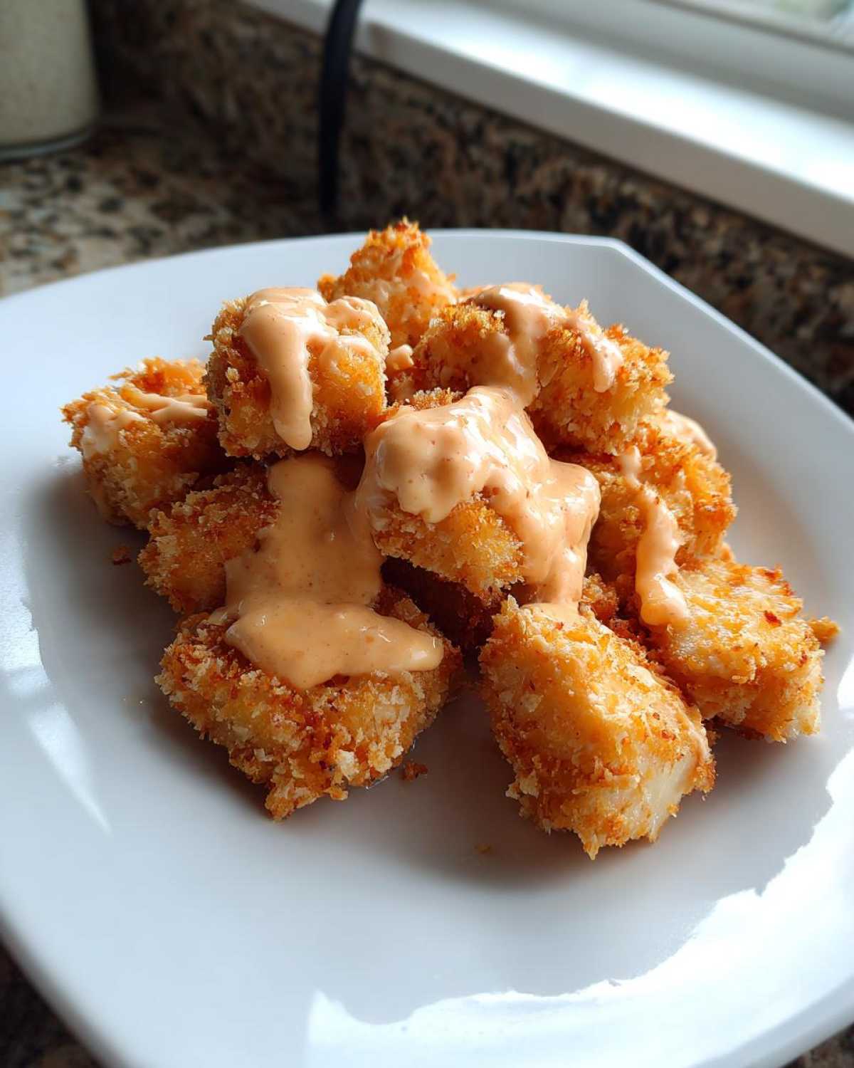 Close-up of crispy, golden Air Fryer Salmon Bites drizzled generously with creamy orange Bang Bang Sauce on a white plate.