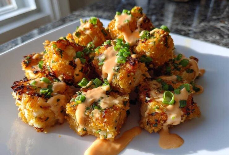 A pile of crispy, golden Air Fryer Salmon Bites drizzled with creamy Bang Bang Sauce and topped with chives.