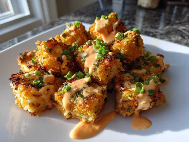 A pile of crispy, golden Air Fryer Salmon Bites drizzled with creamy Bang Bang Sauce and topped with chives.
